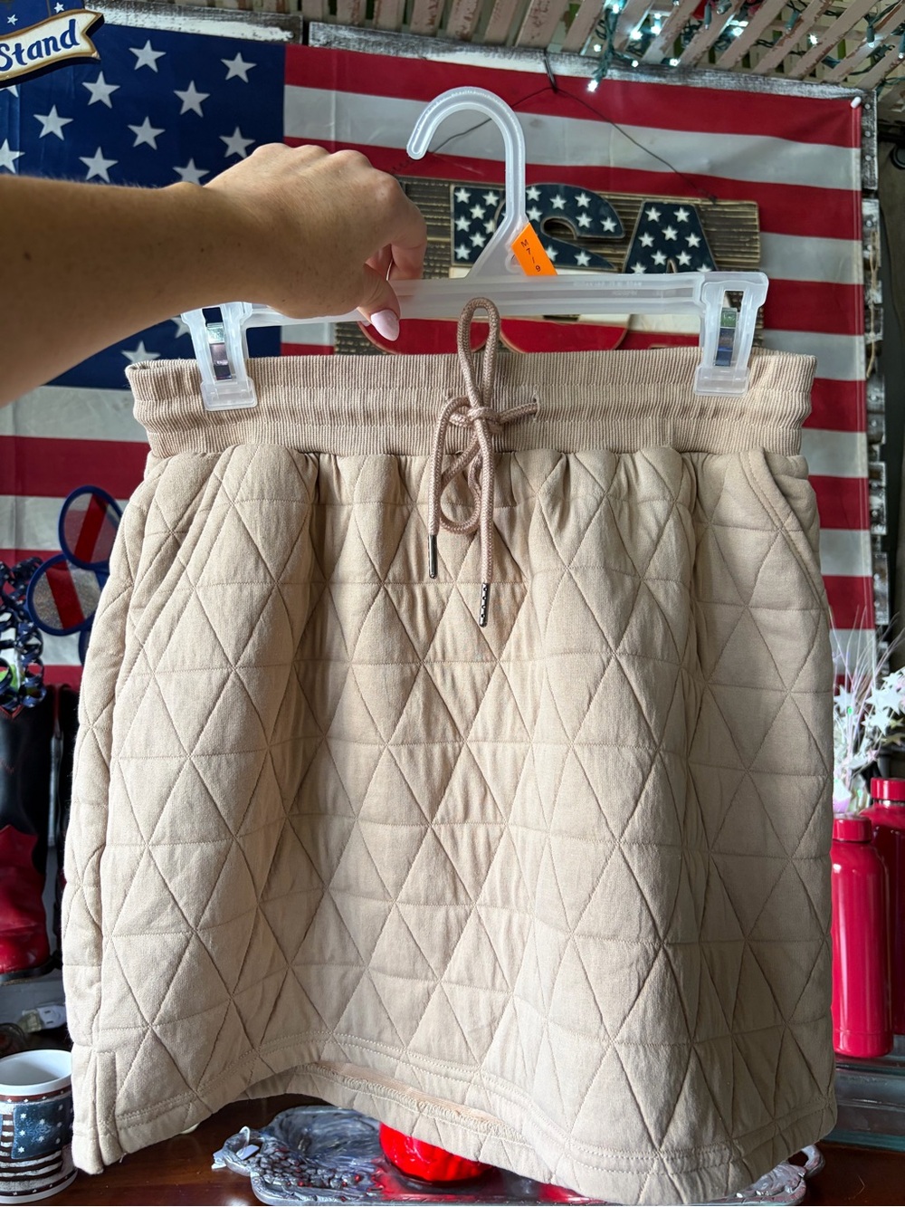 entro Beige Quilted Drawstring A-Line Mini Skirt